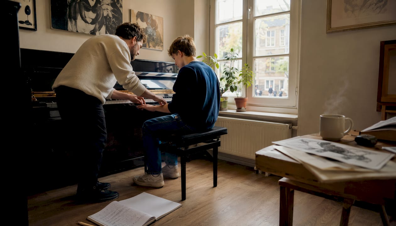 Lærerens og elevens hænder sammen på klaveret